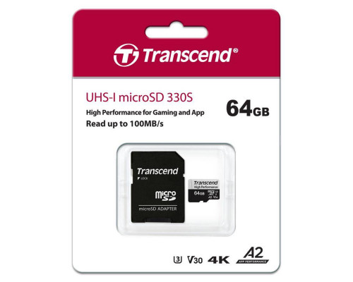 Флеш карта microSD 64GB Transcend High Performance, microSDXC UHS-I U3, V30, A2 [R/W - 100/85 MB/s] с адаптером